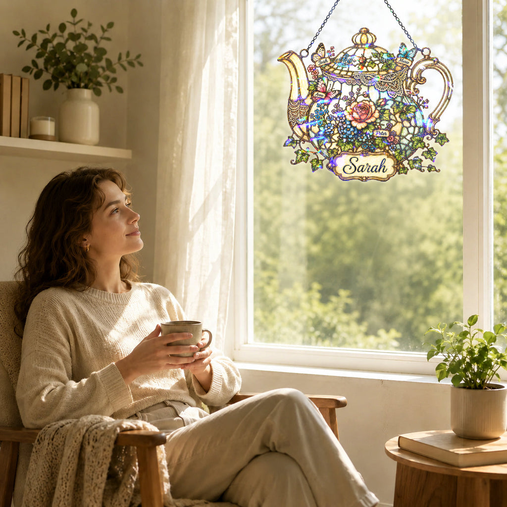 Personalized Floral Teapot Holographic Acrylic Suncatcher