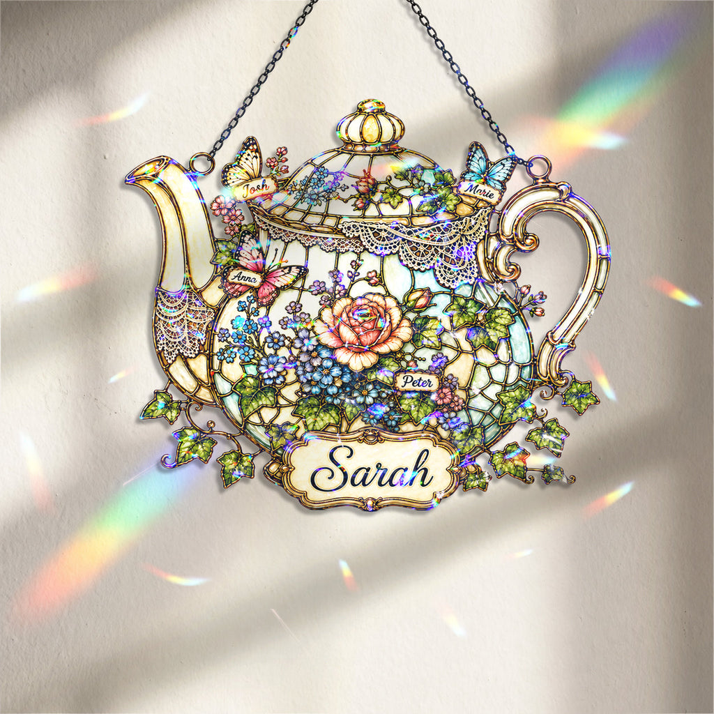 Personalized Floral Teapot Holographic Acrylic Suncatcher