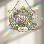 Personalized Floral Teapot Holographic Acrylic Suncatcher
