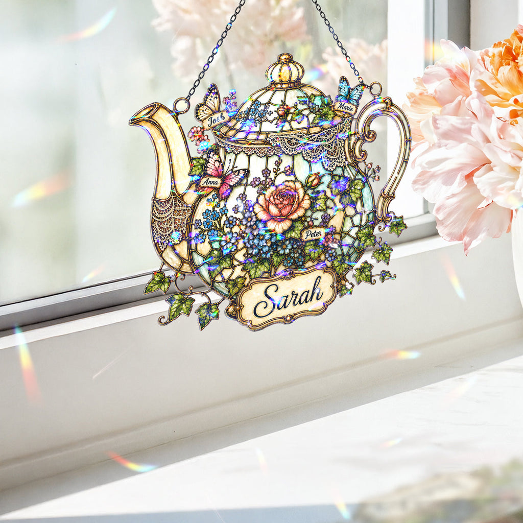 Personalized Floral Teapot Holographic Acrylic Suncatcher