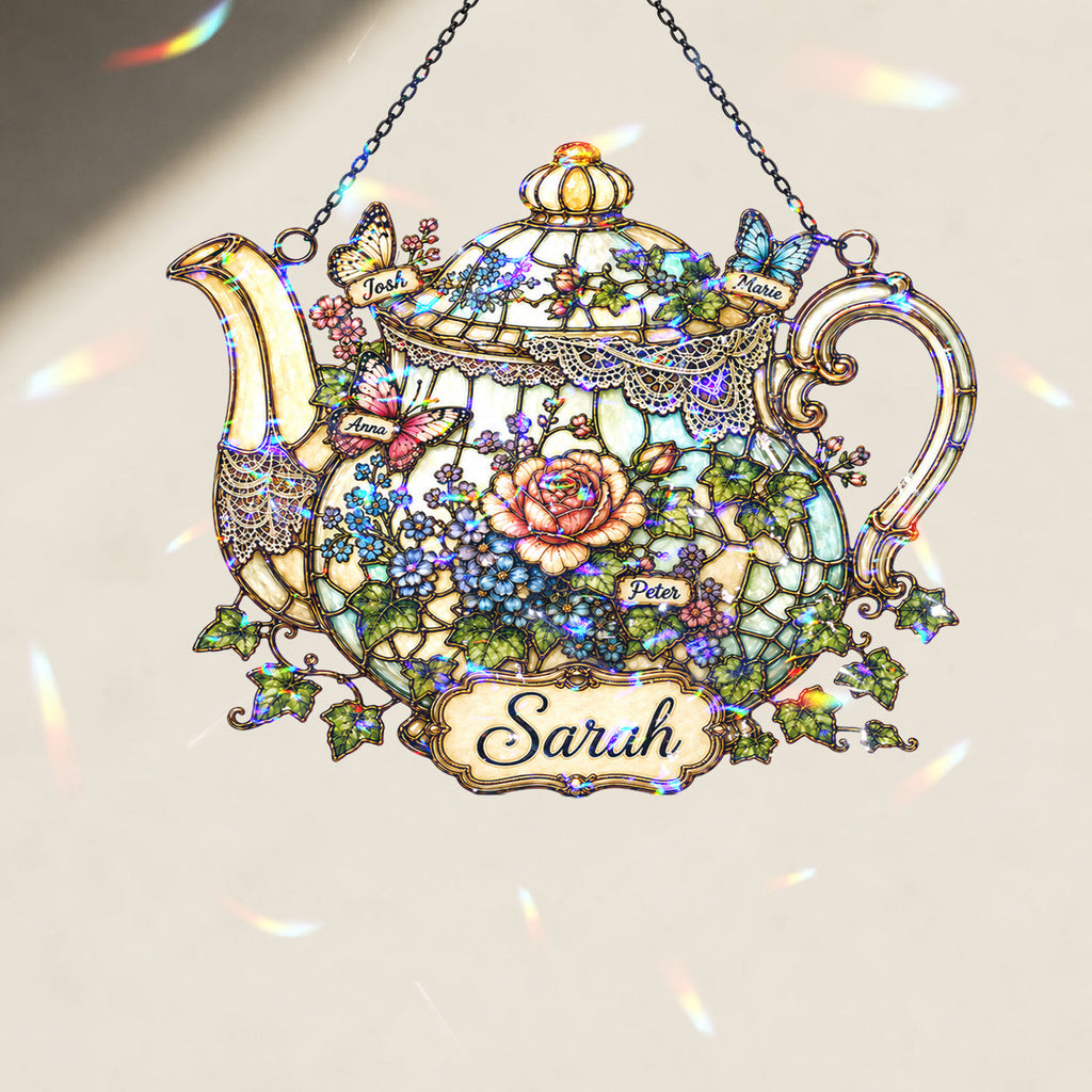 Personalized Floral Teapot Holographic Acrylic Suncatcher