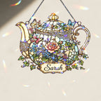 Personalized Floral Teapot Holographic Acrylic Suncatcher