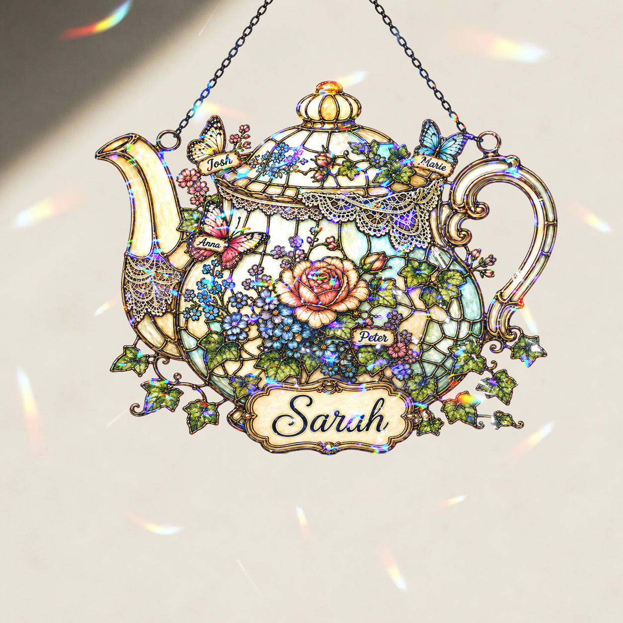 Personalized Floral Teapot Holographic Acrylic Suncatcher