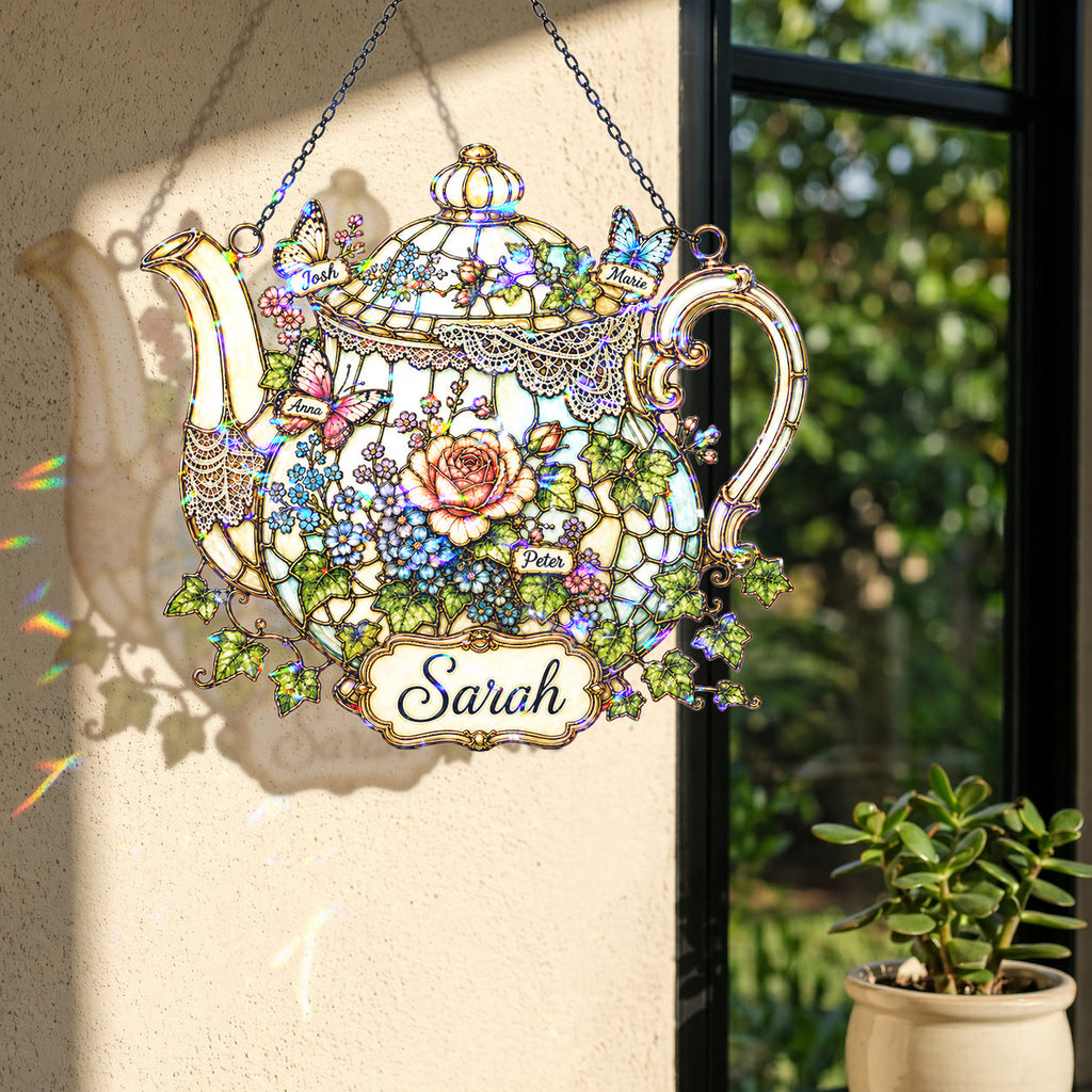Personalized Floral Teapot Holographic Acrylic Suncatcher