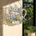 Personalized Floral Teapot Holographic Acrylic Suncatcher
