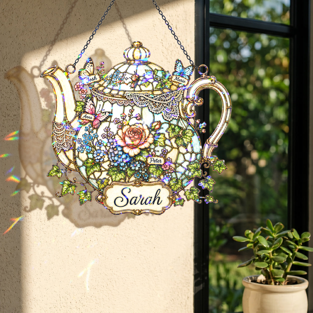 Personalized Floral Teapot Holographic Acrylic Suncatcher