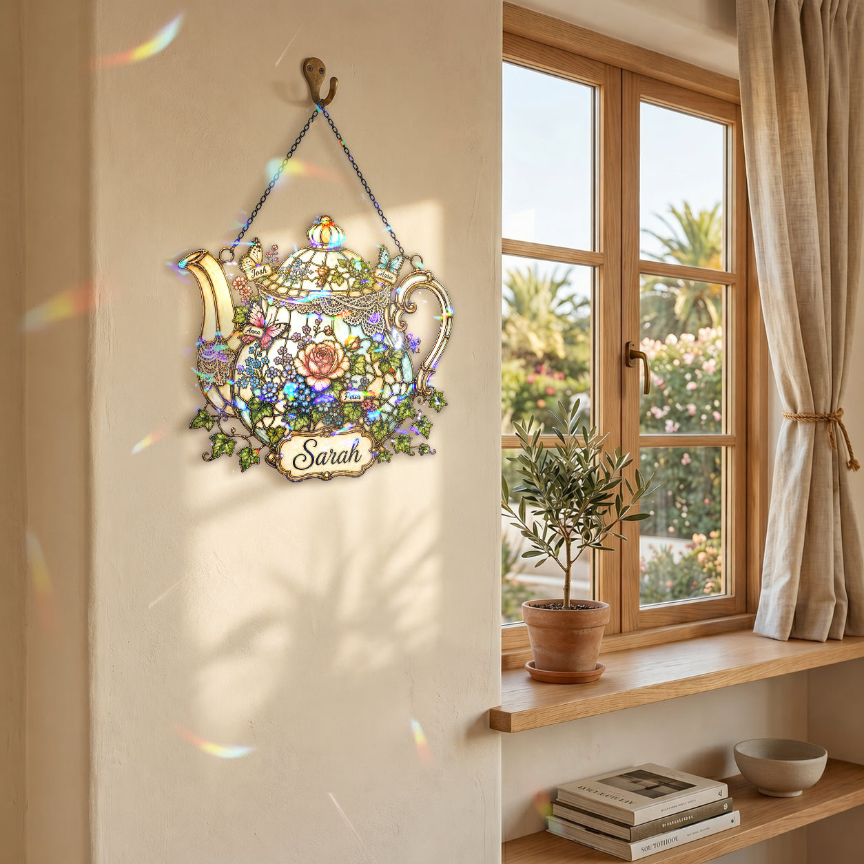 Personalized Floral Teapot Holographic Acrylic Suncatcher