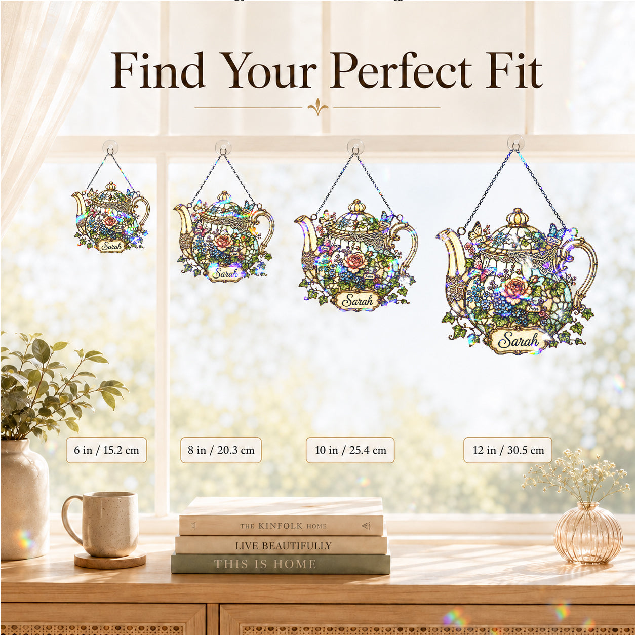 Personalized Floral Teapot Holographic Acrylic Suncatcher