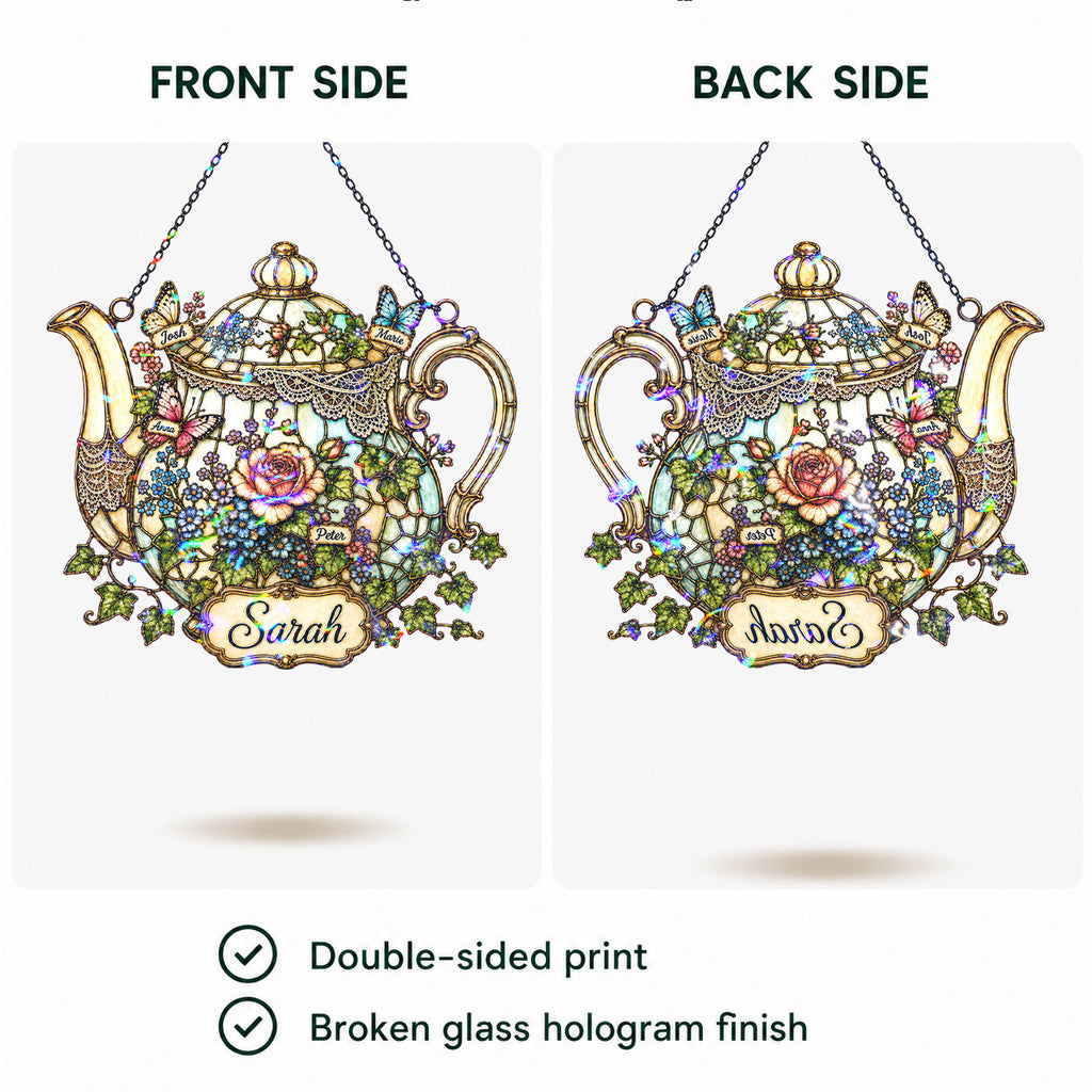 Personalized Floral Teapot Holographic Acrylic Suncatcher