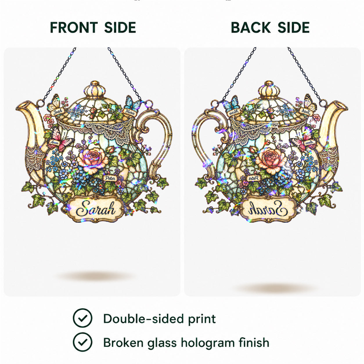 Personalized Floral Teapot Holographic Acrylic Suncatcher