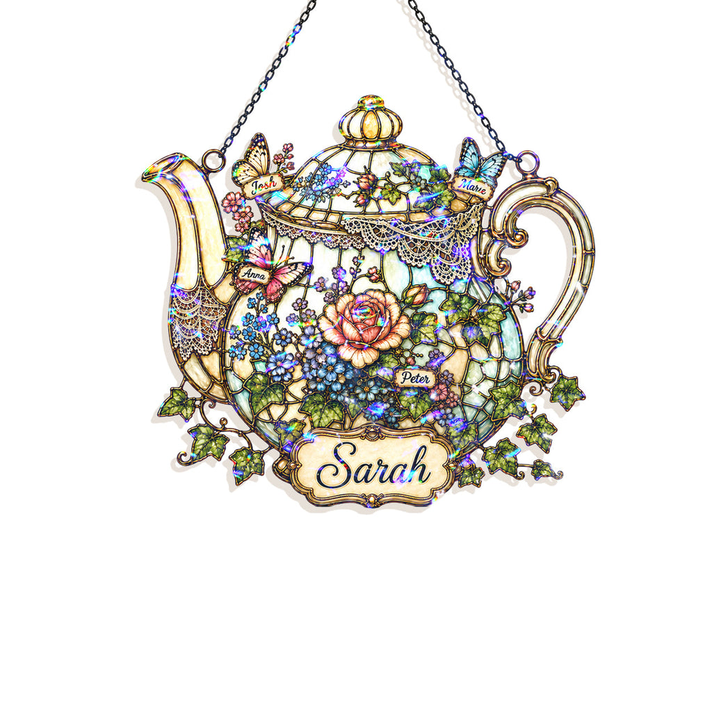 Personalized Floral Teapot Holographic Acrylic Suncatcher