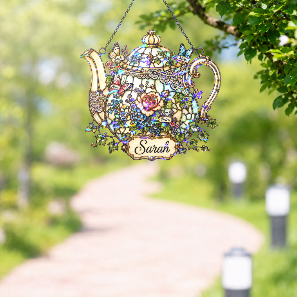 Personalized Floral Teapot Holographic Acrylic Suncatcher