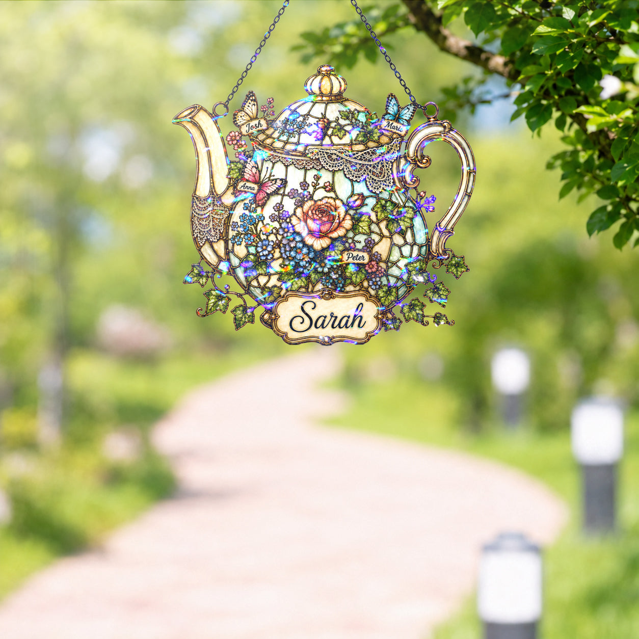 Personalized Floral Teapot Holographic Acrylic Suncatcher