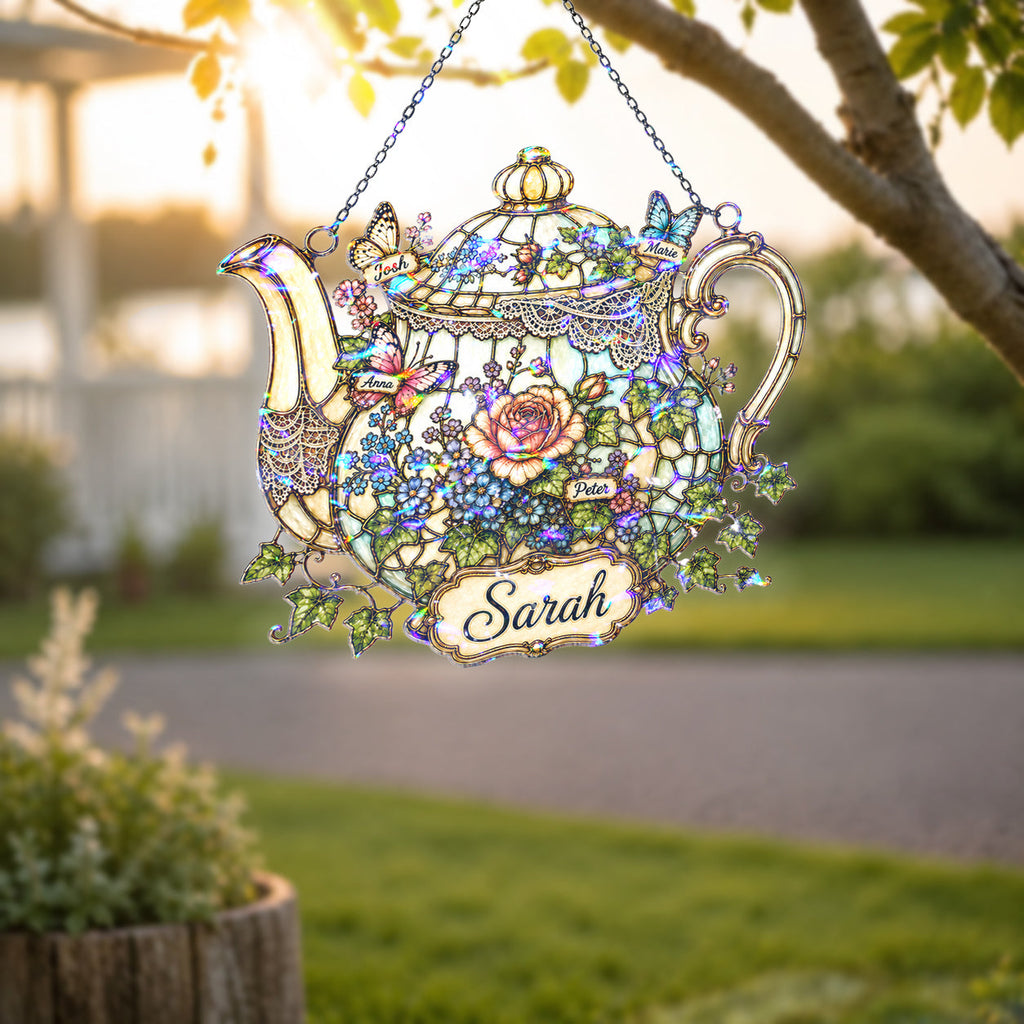 Personalized Floral Teapot Holographic Acrylic Suncatcher