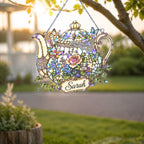 Personalized Floral Teapot Holographic Acrylic Suncatcher