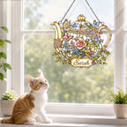 Personalized Floral Teapot Holographic Acrylic Suncatcher