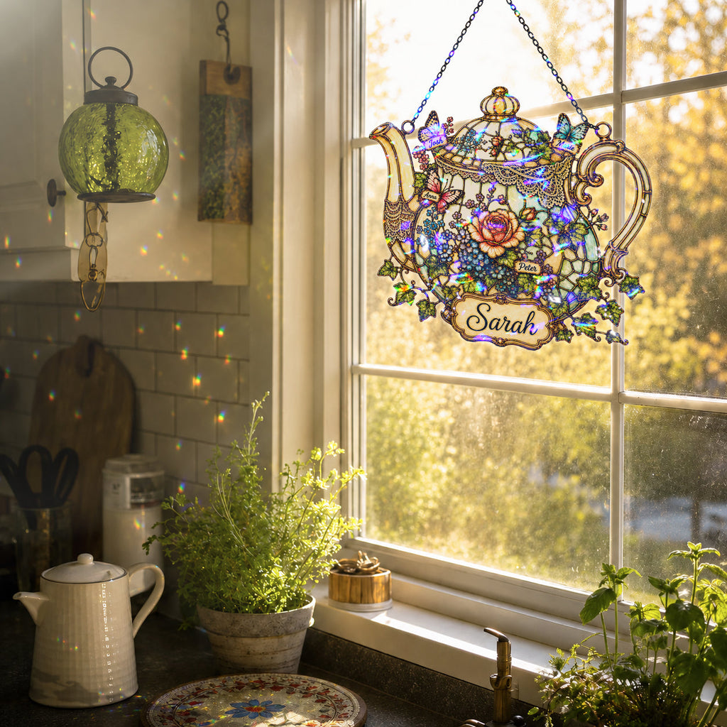 Personalized Floral Teapot Holographic Acrylic Suncatcher