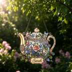 Personalized Floral Teapot Holographic Acrylic Suncatcher