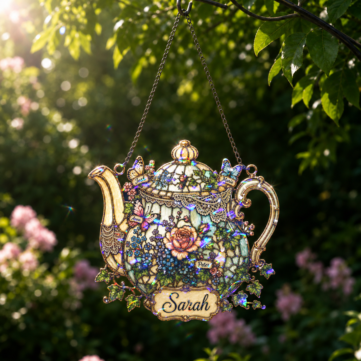 Personalized Floral Teapot Holographic Acrylic Suncatcher