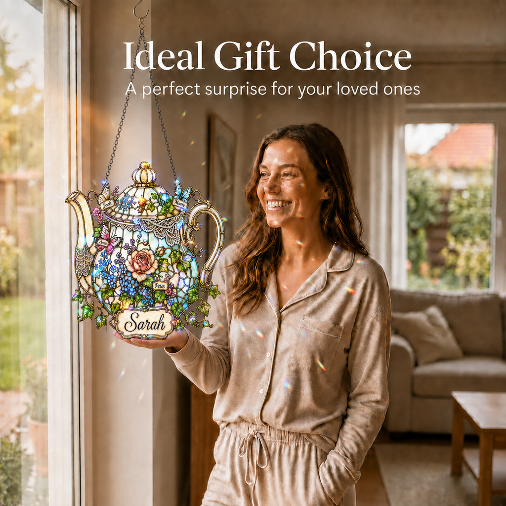 Personalized Floral Teapot Holographic Acrylic Suncatcher