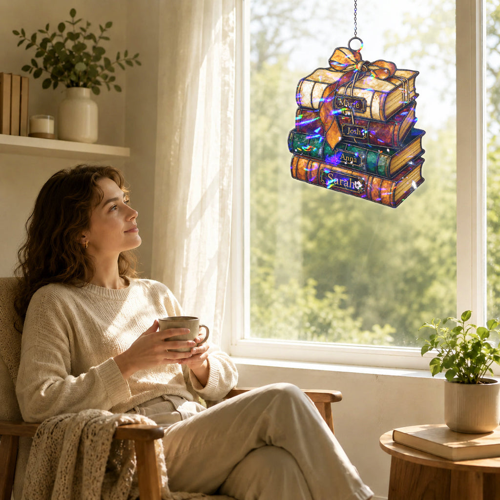 Personalized Book Stack Holographic Acrylic Suncatcher