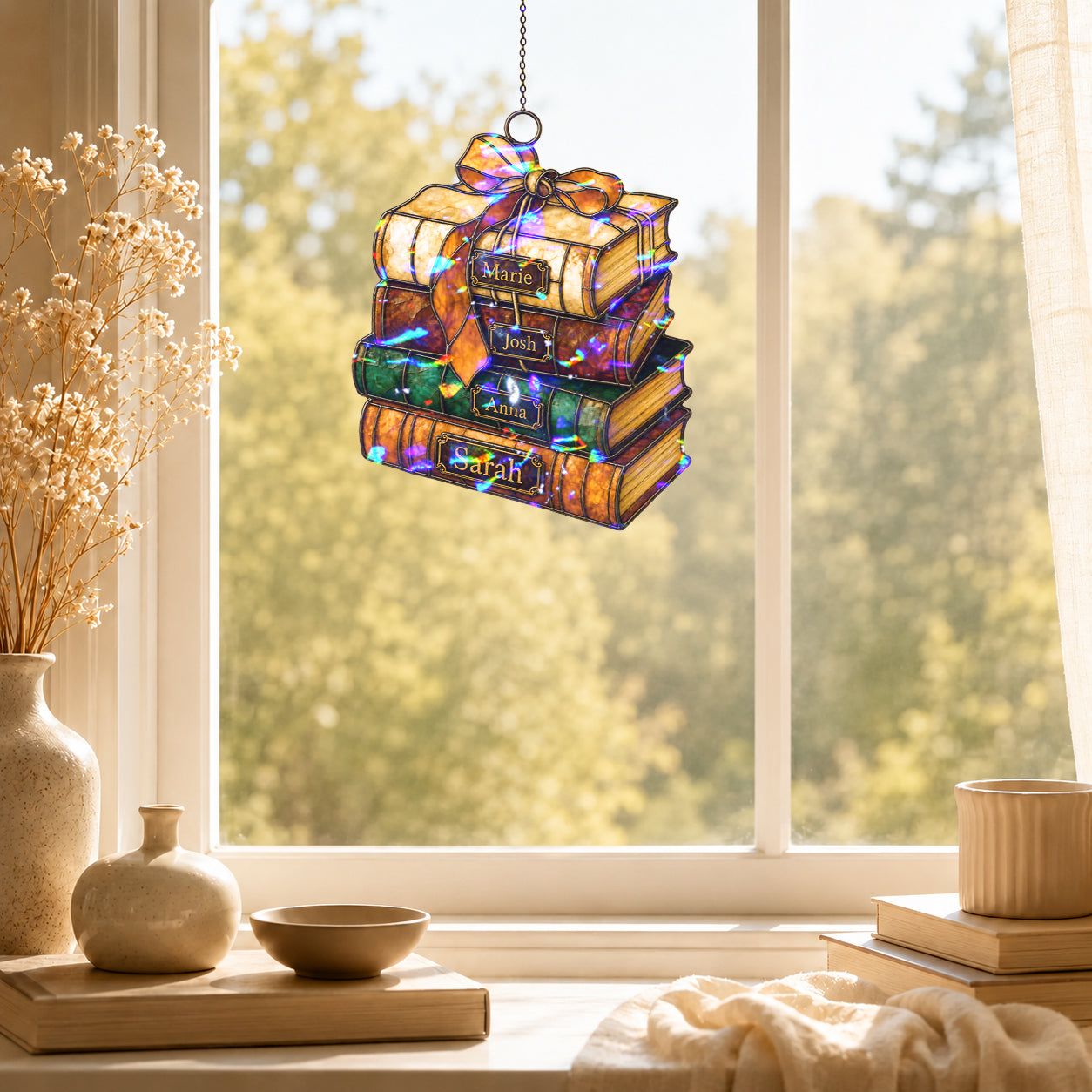 Personalized Book Stack Holographic Acrylic Suncatcher