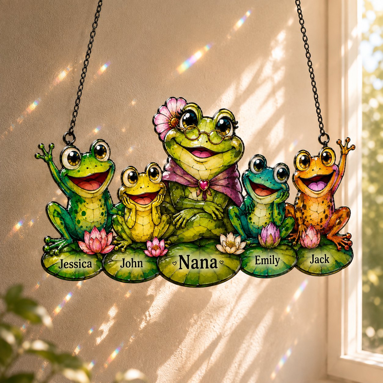 Personalized Nana Frog & Grandkids Holographic Acrylic Suncatcher