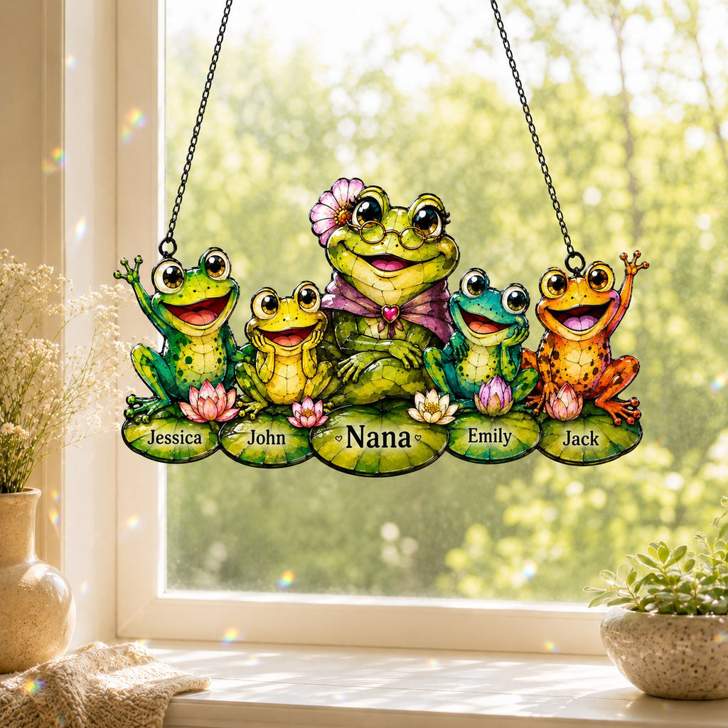 Personalized Nana Frog & Grandkids Holographic Acrylic Suncatcher