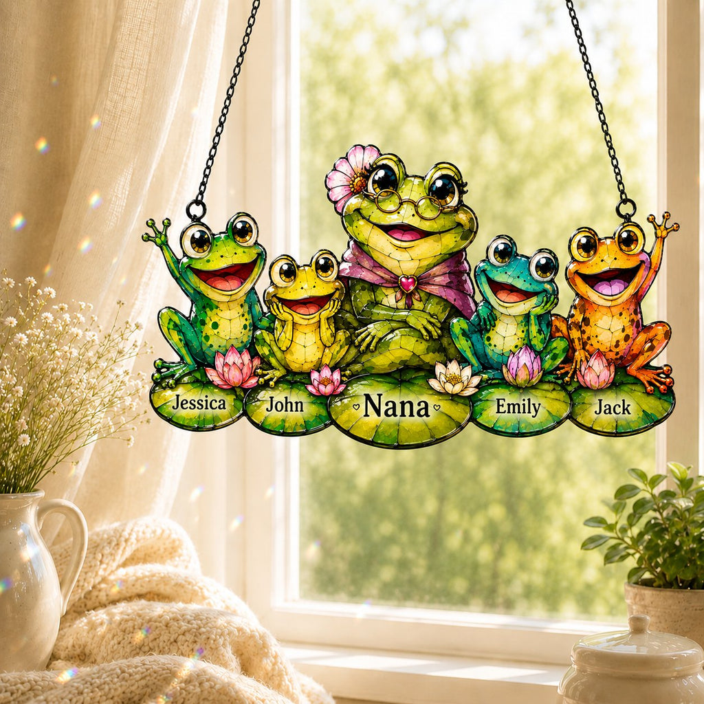 Personalized Nana Frog & Grandkids Holographic Acrylic Suncatcher