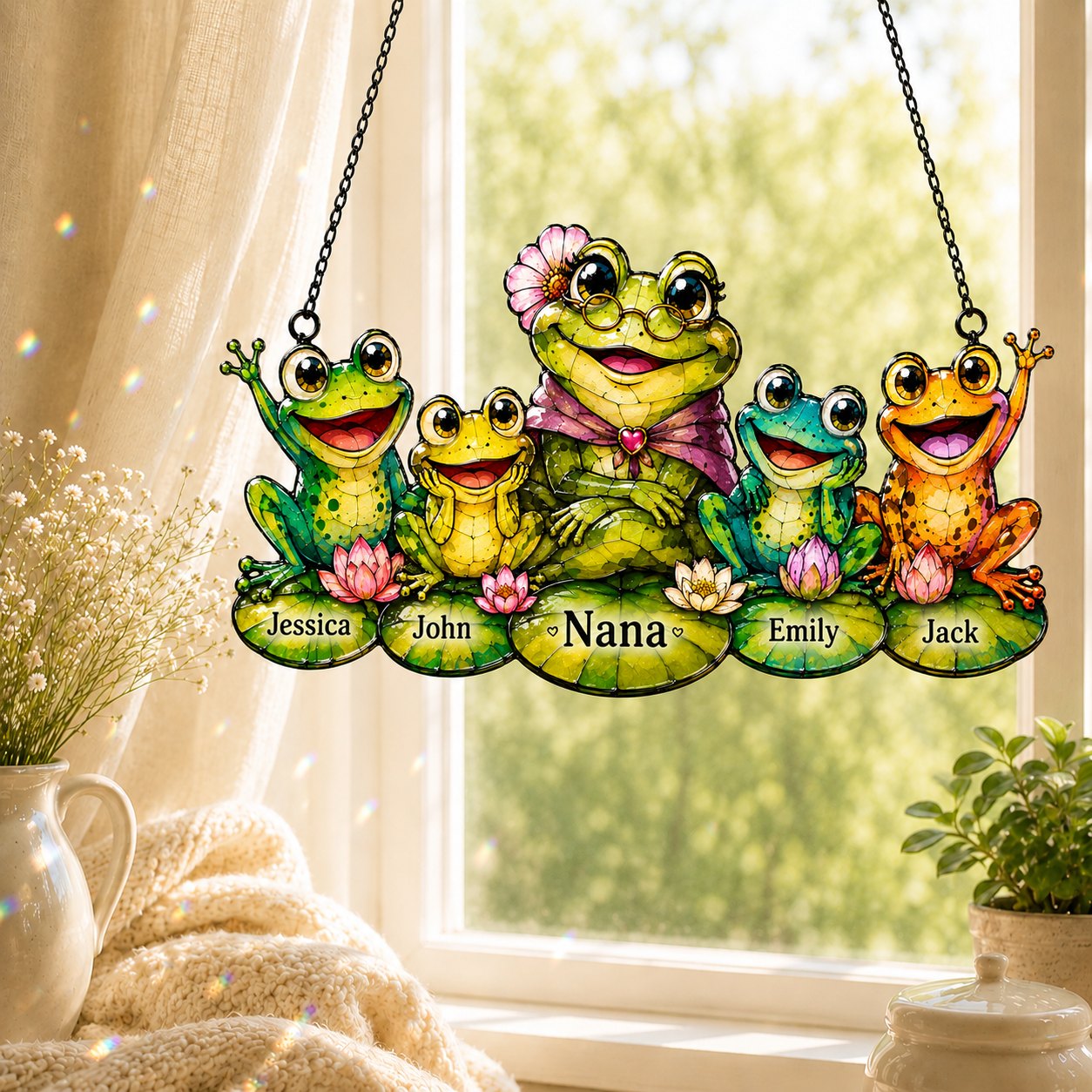 Personalized Nana Frog & Grandkids Holographic Acrylic Suncatcher