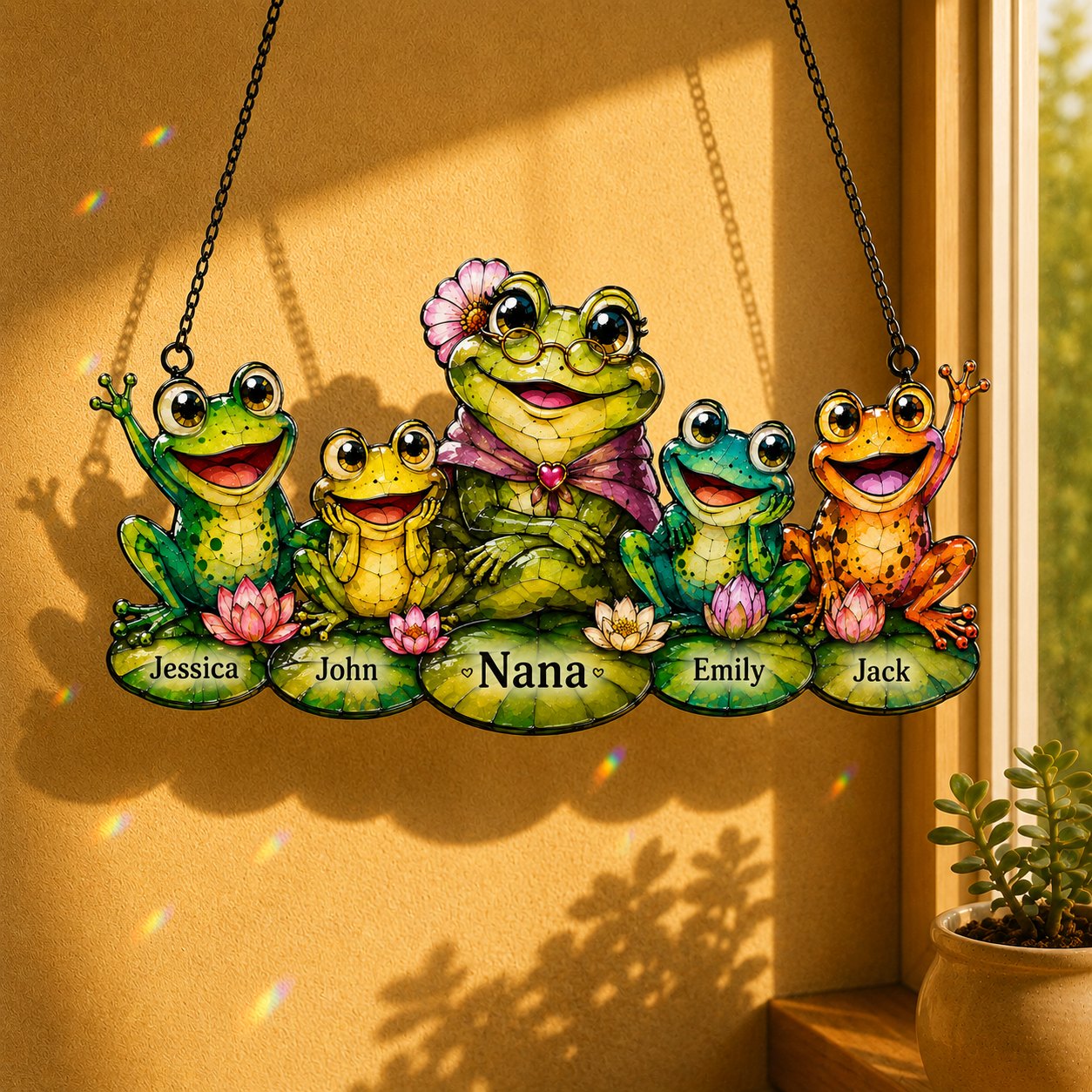 Personalized Nana Frog & Grandkids Holographic Acrylic Suncatcher