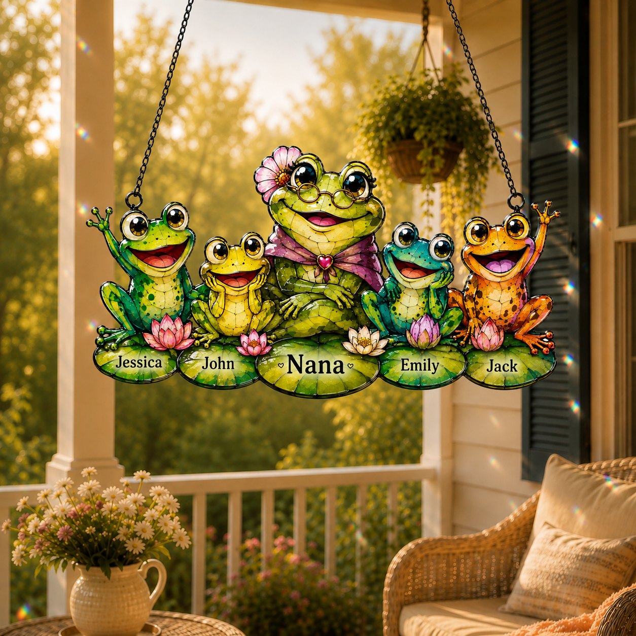 Personalized Nana Frog & Grandkids Holographic Acrylic Suncatcher