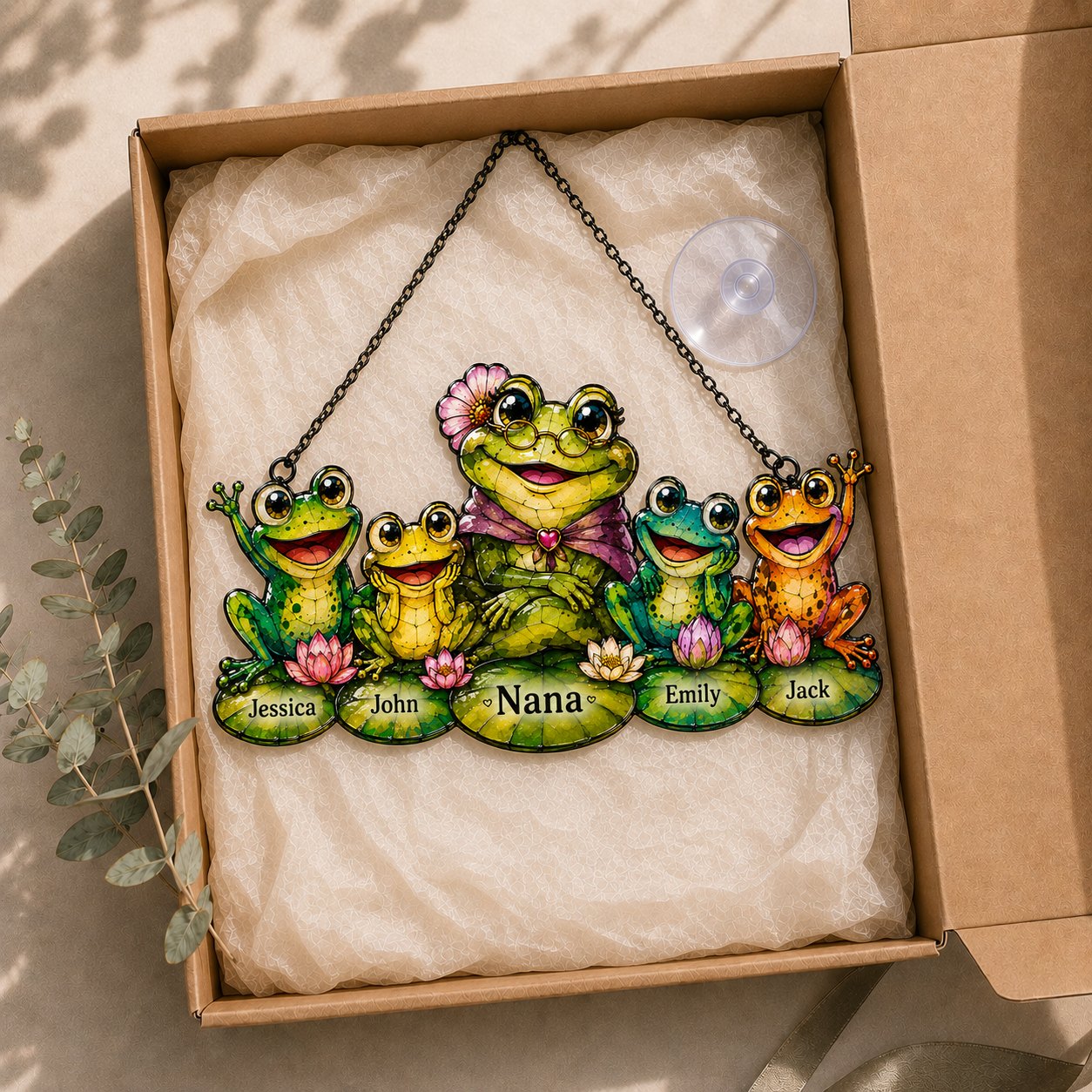 Personalized Nana Frog & Grandkids Holographic Acrylic Suncatcher