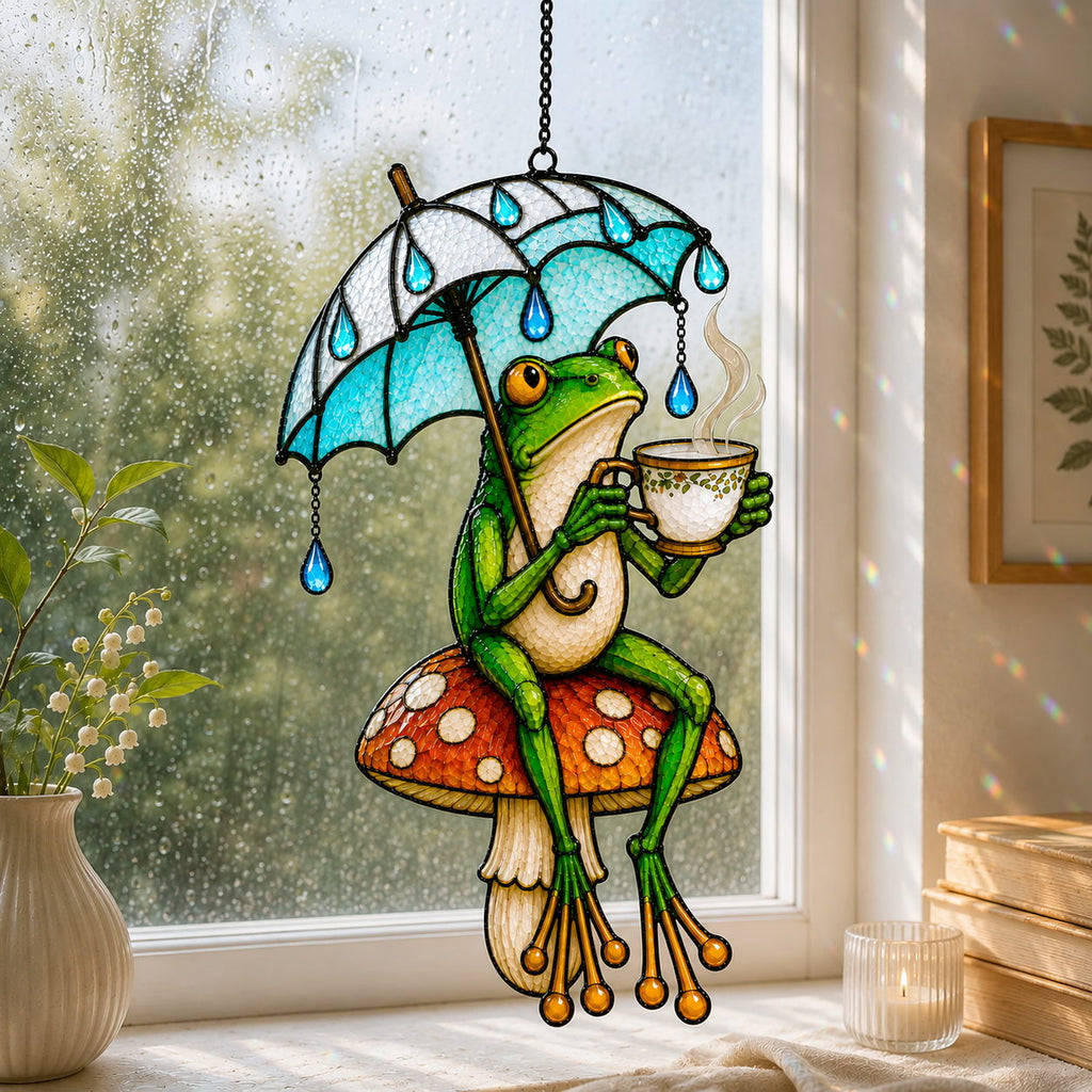 Tea Time Frog on Mushroom Holographic Acrylic Suncatcher