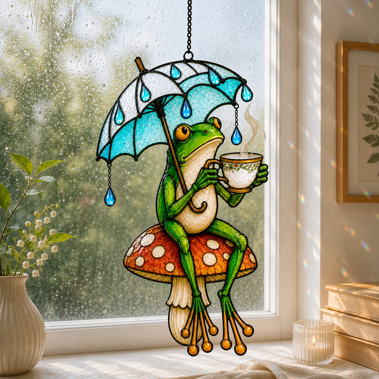 Tea Time Frog on Mushroom Holographic Acrylic Suncatcher