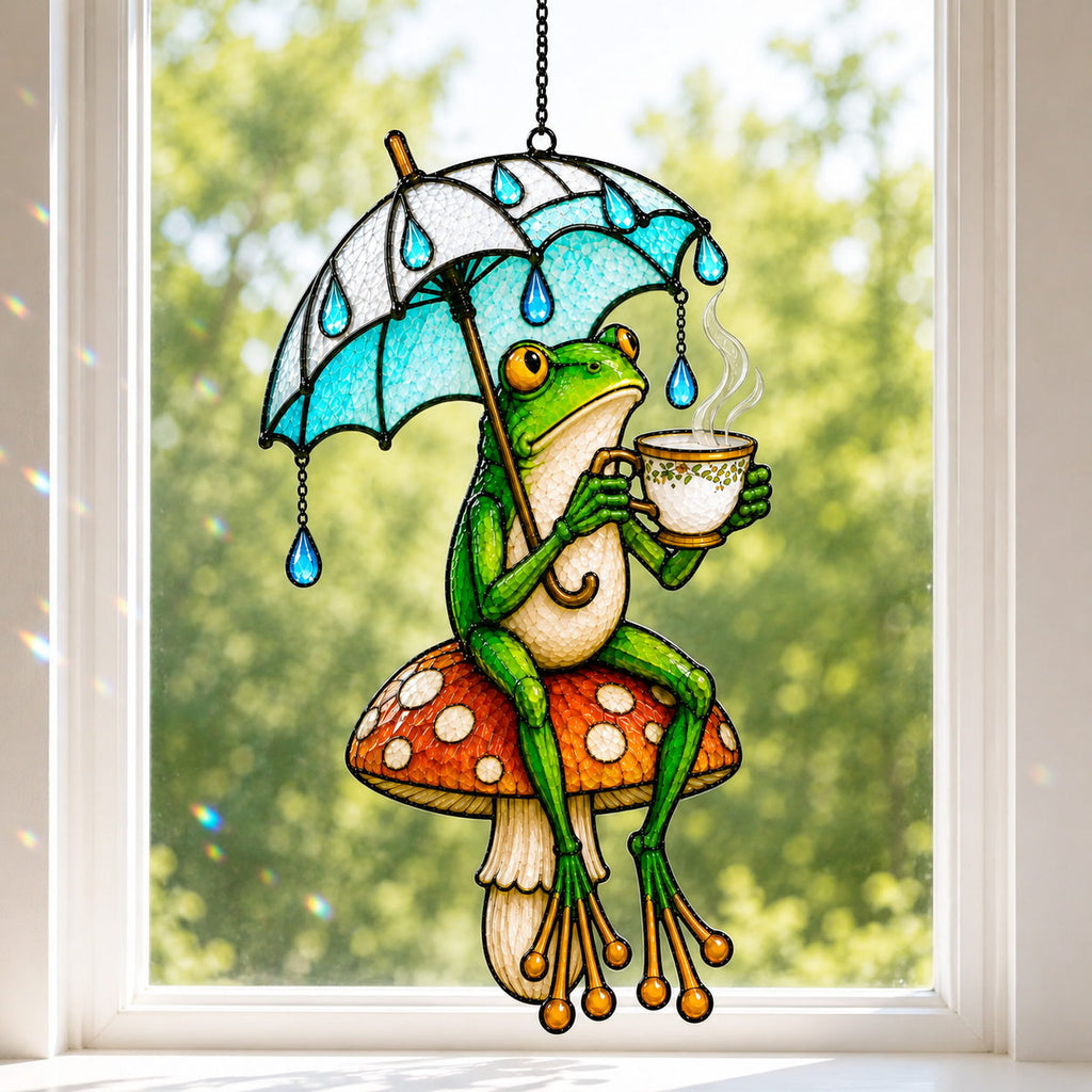 Tea Time Frog on Mushroom Holographic Acrylic Suncatcher