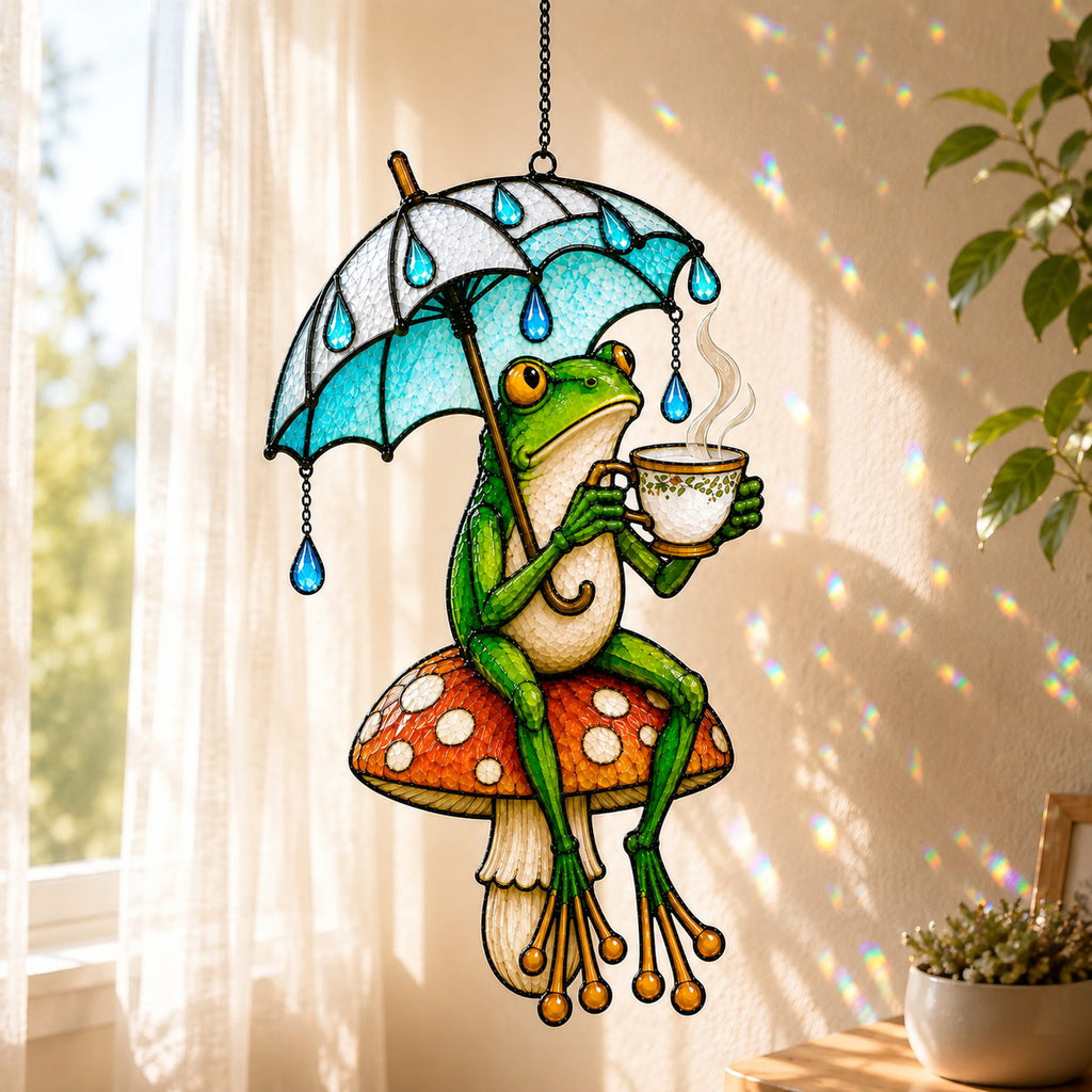 Tea Time Frog on Mushroom Holographic Acrylic Suncatcher