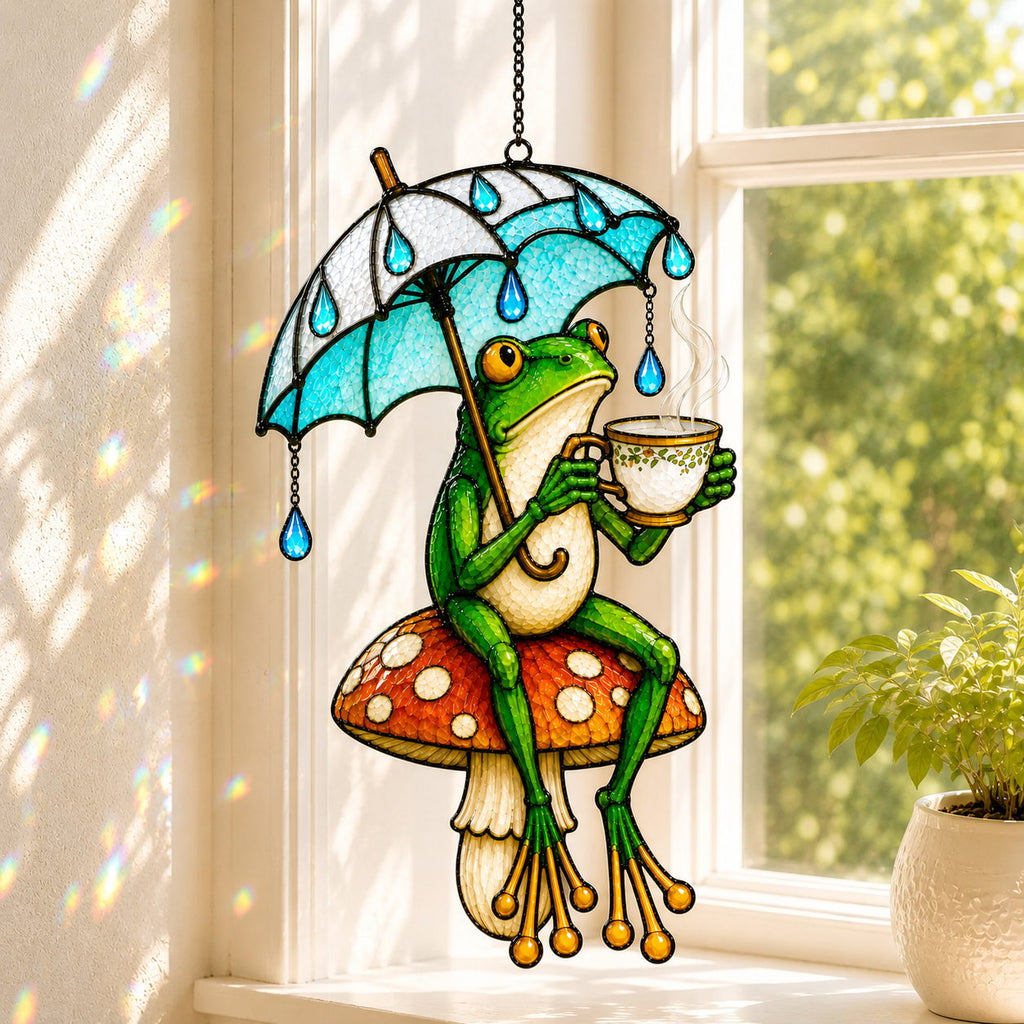 Tea Time Frog on Mushroom Holographic Acrylic Suncatcher