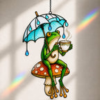 Tea Time Frog on Mushroom Holographic Acrylic Suncatcher