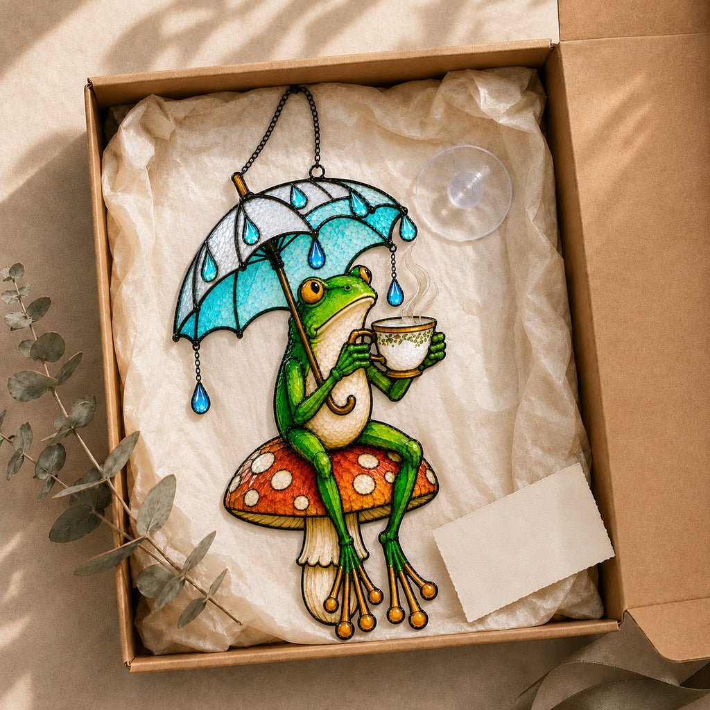 Tea Time Frog on Mushroom Holographic Acrylic Suncatcher