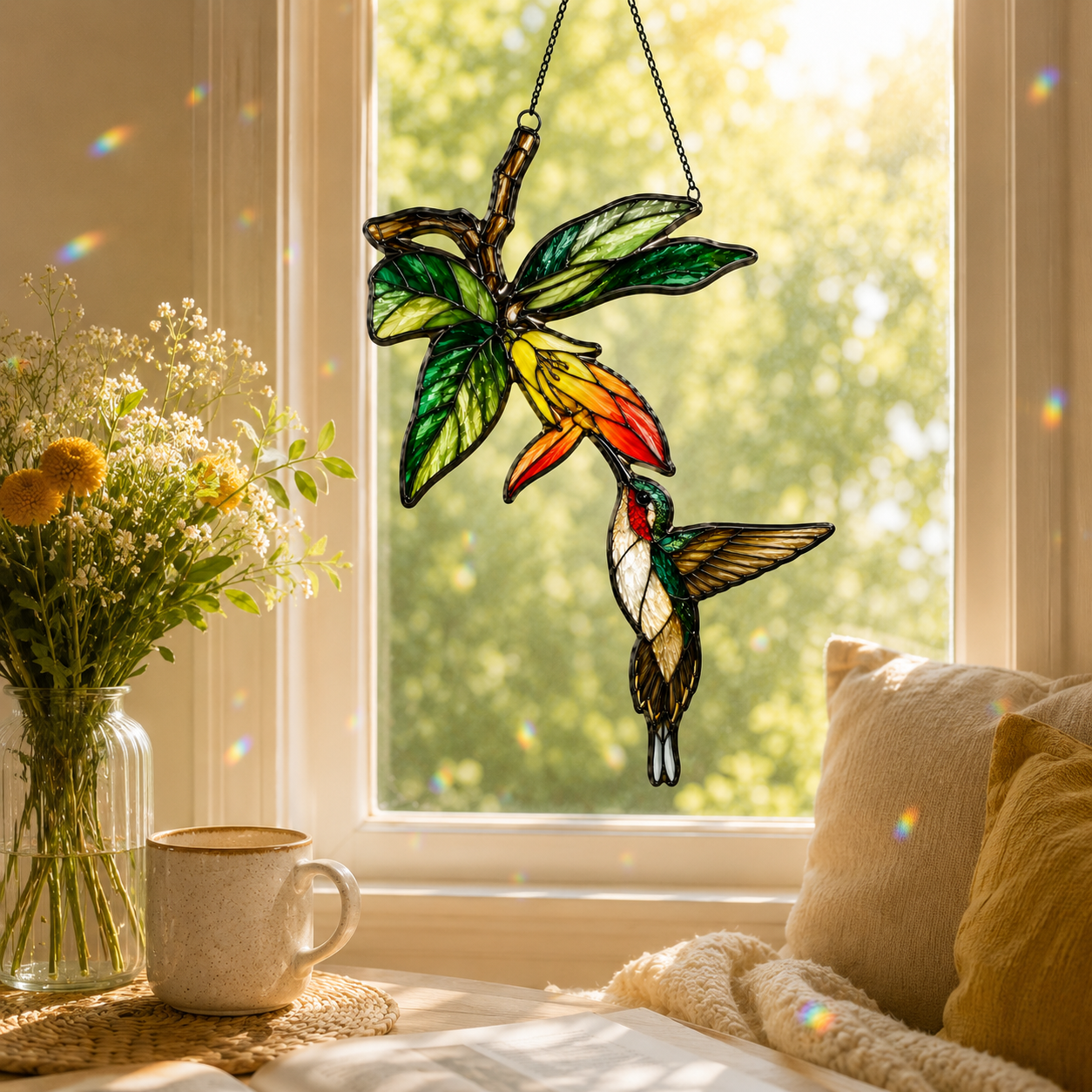 Hummingbird & Orange Trumpet Flower Holographic Acrylic Suncatcher