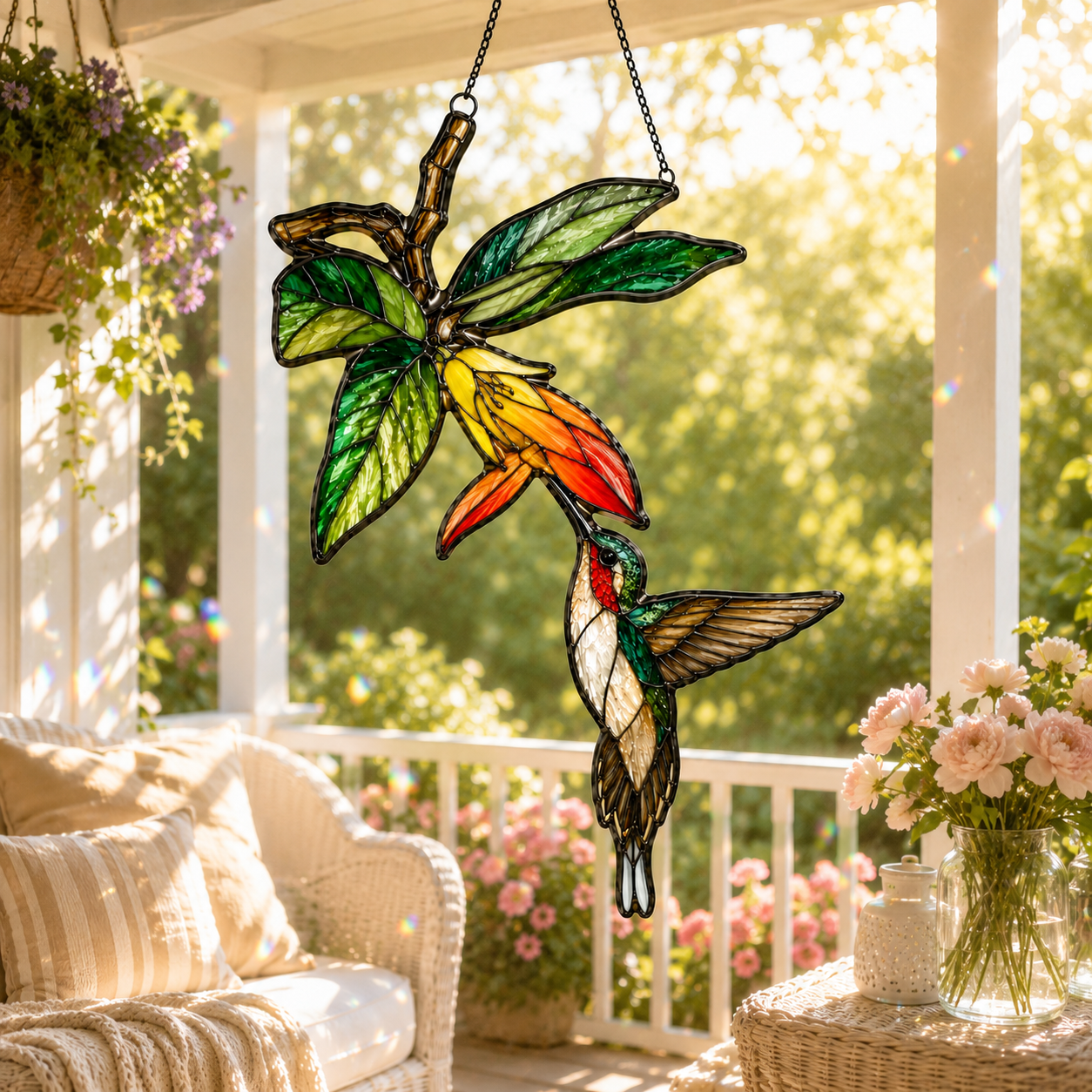 Hummingbird & Orange Trumpet Flower Holographic Acrylic Suncatcher