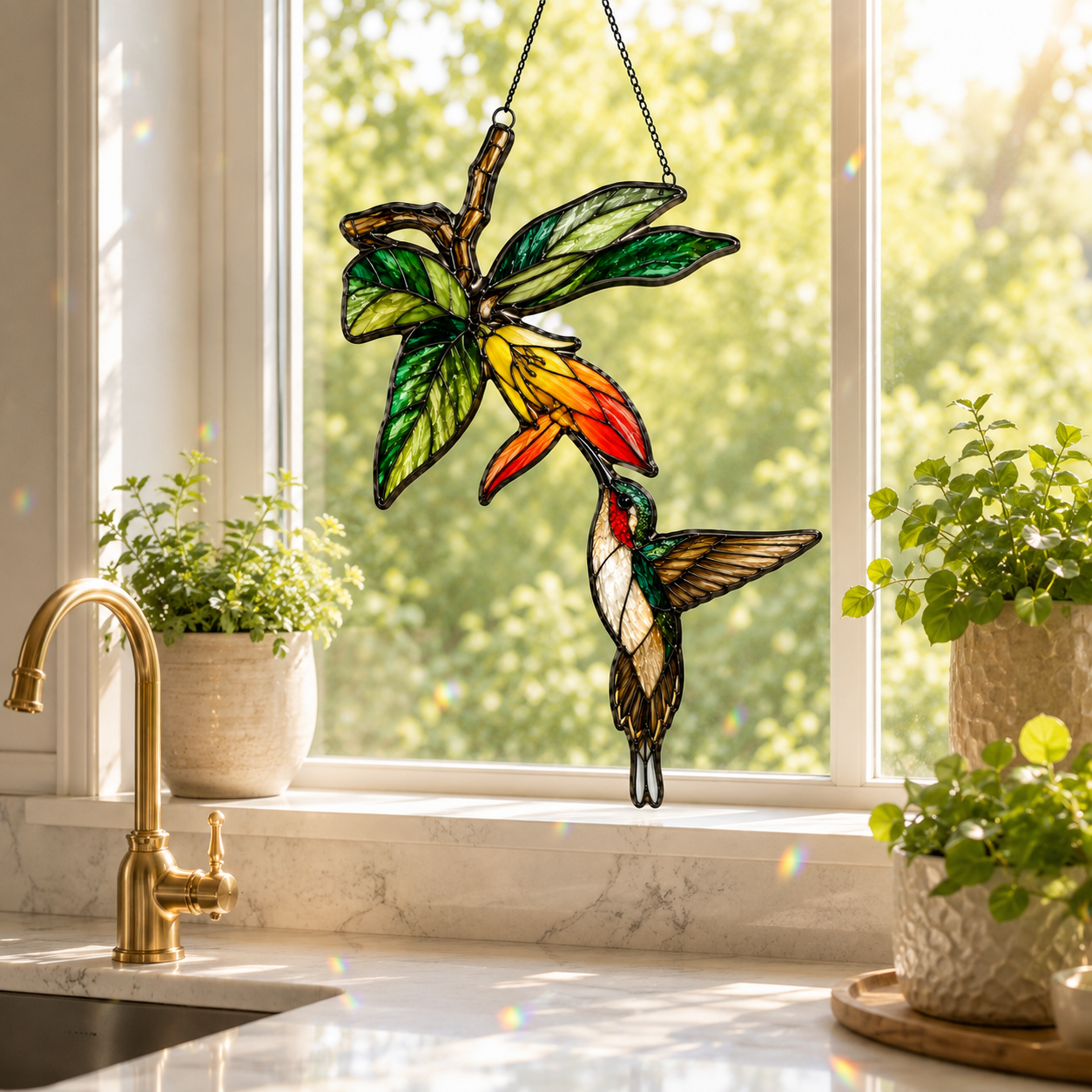 Hummingbird & Orange Trumpet Flower Holographic Acrylic Suncatcher