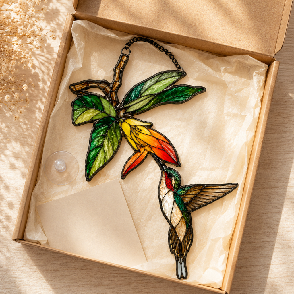 Hummingbird & Orange Trumpet Flower Holographic Acrylic Suncatcher
