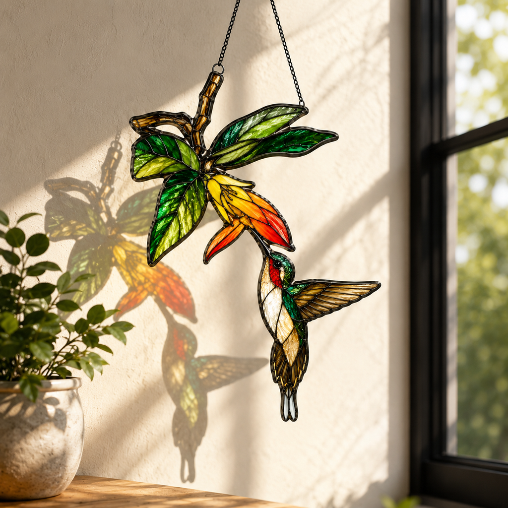 Hummingbird & Orange Trumpet Flower Holographic Acrylic Suncatcher