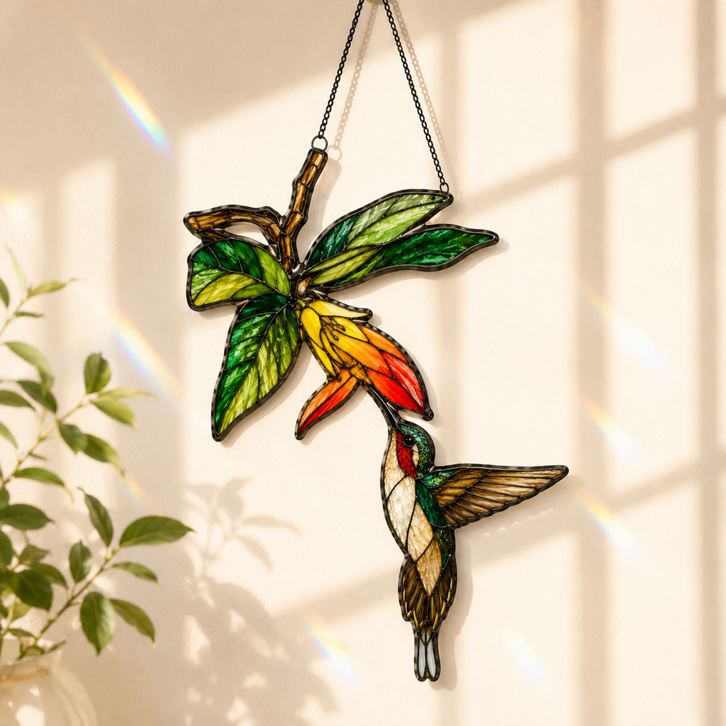 Hummingbird & Orange Trumpet Flower Holographic Acrylic Suncatcher