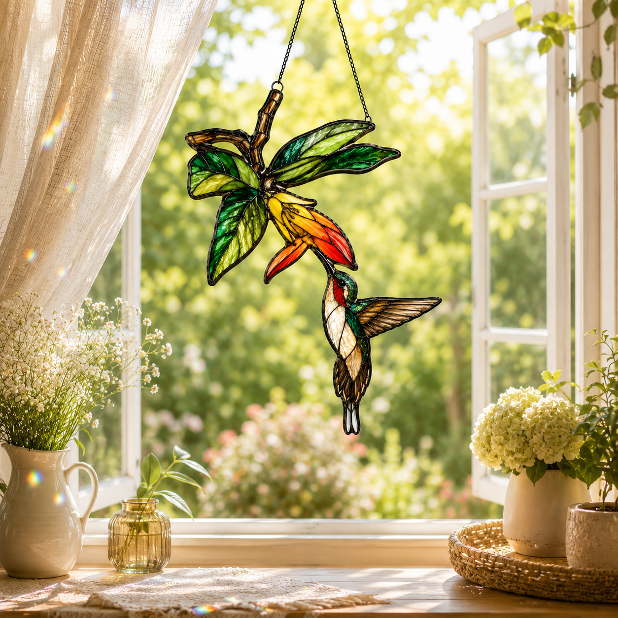 Hummingbird & Orange Trumpet Flower Holographic Acrylic Suncatcher