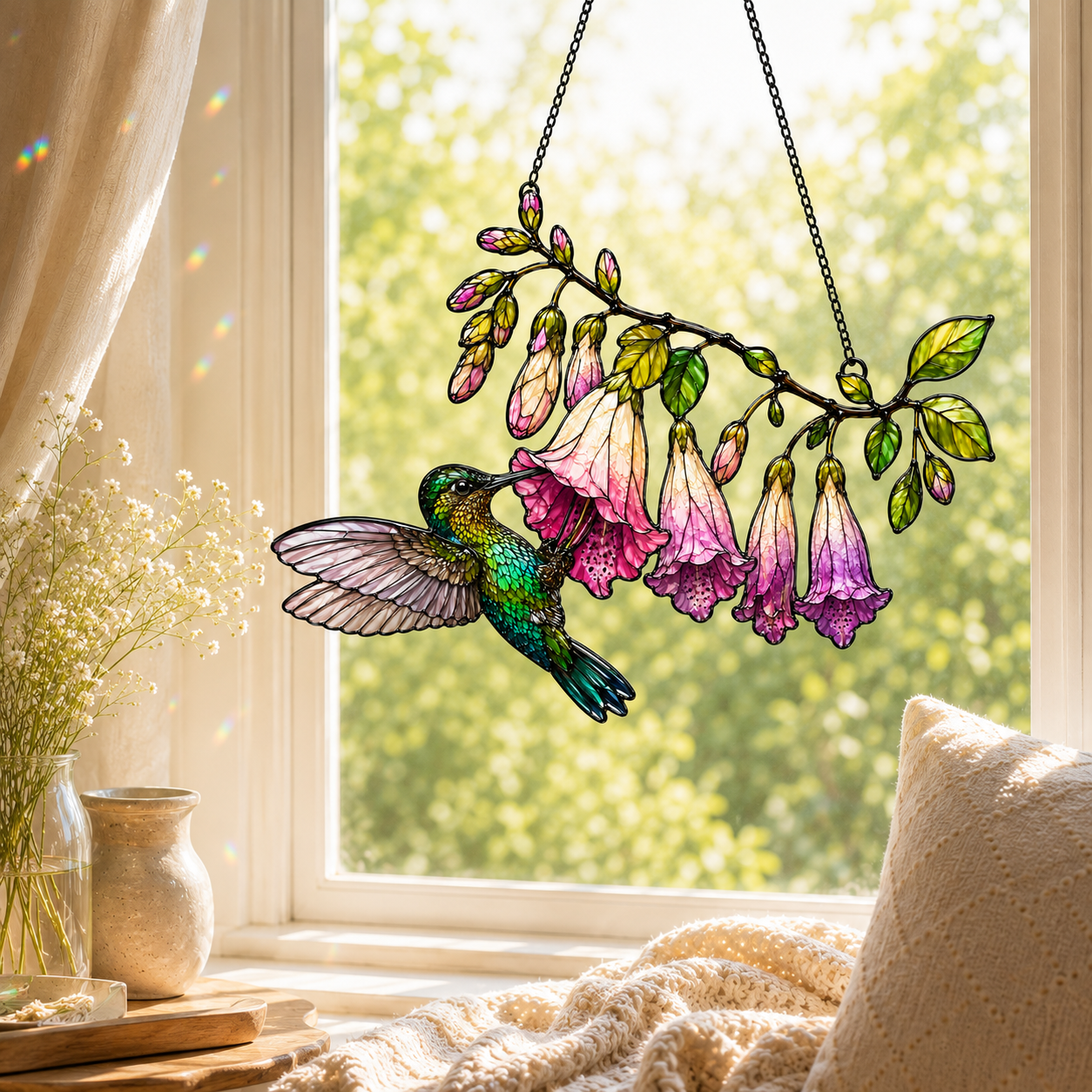 Hummingbird & Pink Fuchsia Flower Holographic Acrylic Suncatcher