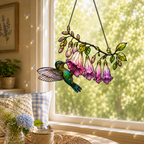 Hummingbird & Pink Fuchsia Flower Holographic Acrylic Suncatcher