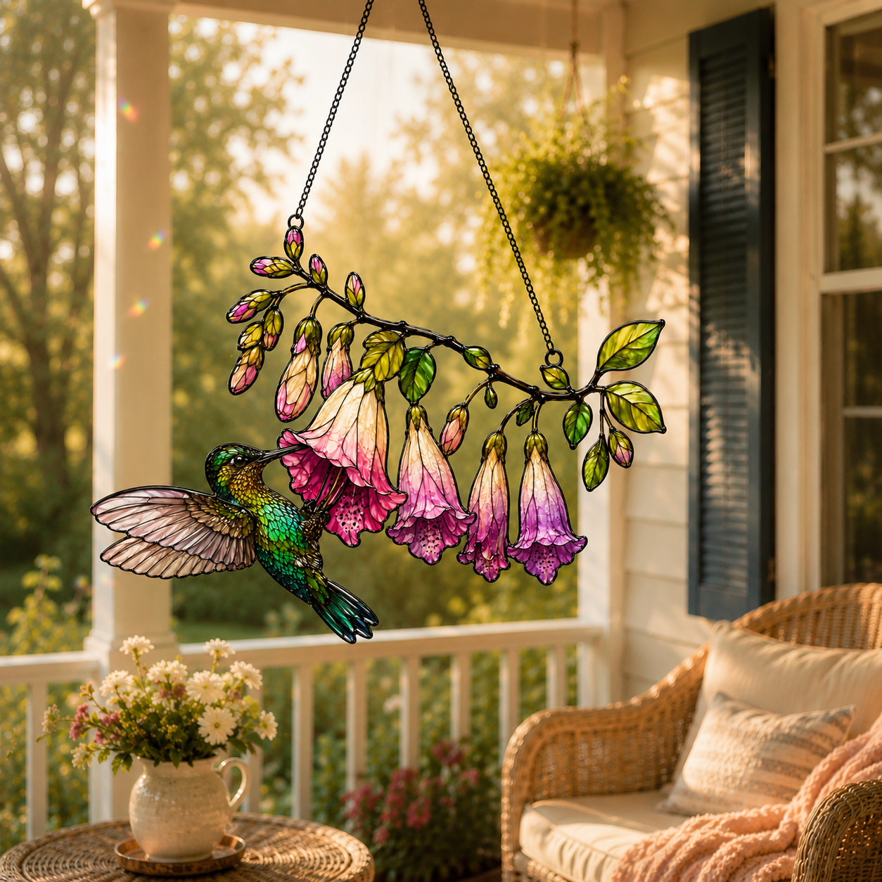 Hummingbird & Pink Fuchsia Flower Holographic Acrylic Suncatcher